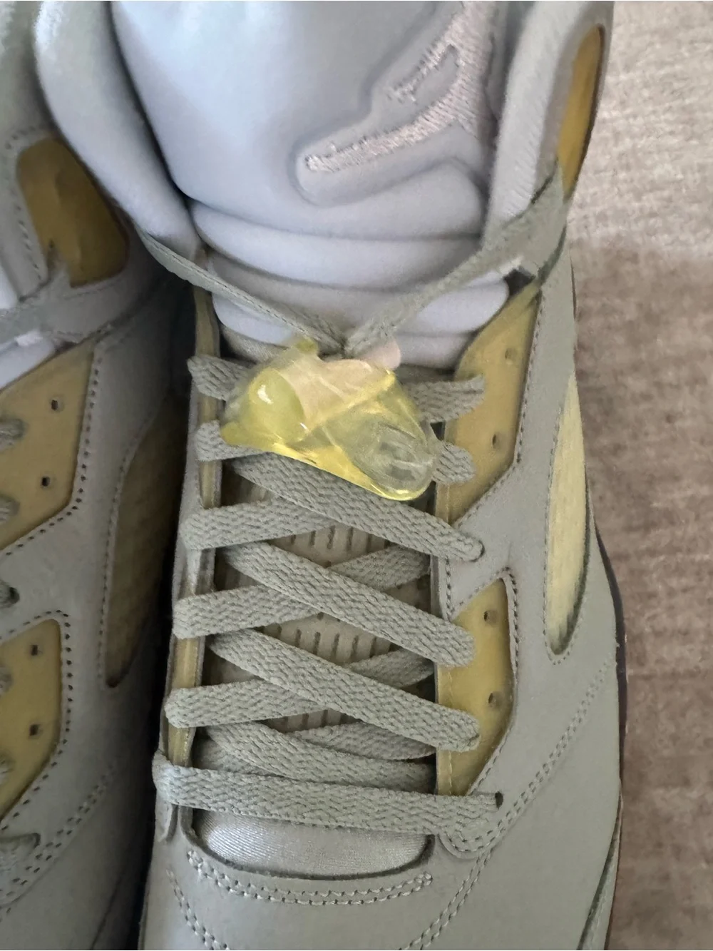 Air Jordan, retro 5’s Sneakers in Light Gray with Yellow Accentst